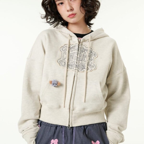[CLOUD CAKE] Cloud Cake Applique Embroidery Crop Hoodie Zip-up
